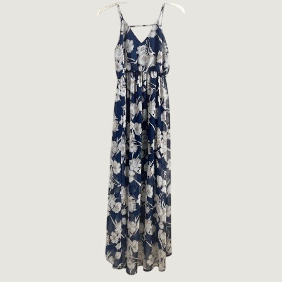 Women's Navy Blue Floral Maxi Dress Sleeveless Leg Slit Wedding Party Flowing Xs